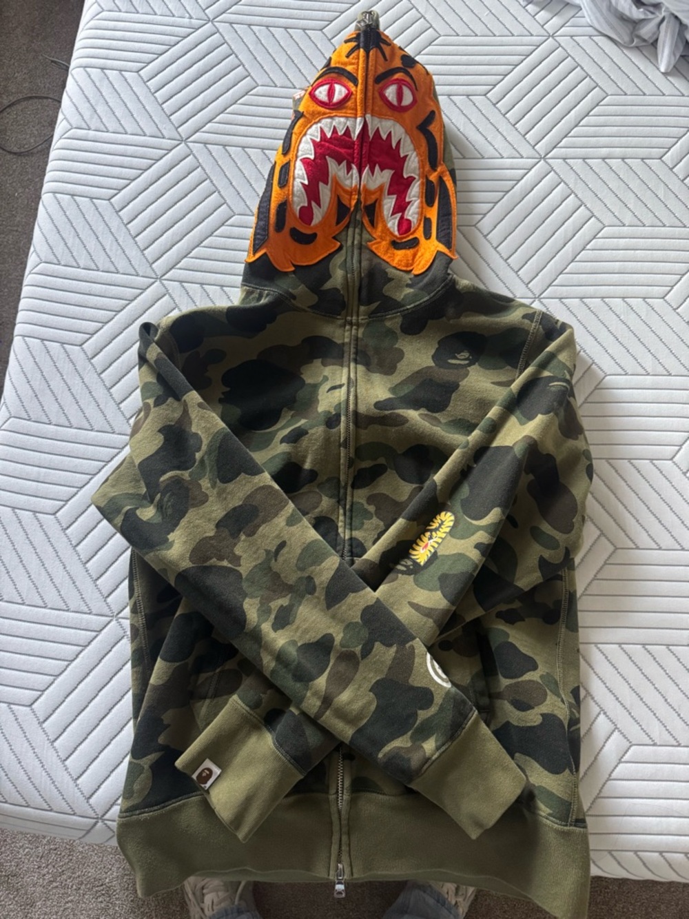 Bape Men's Green Camo Zip-Up Hoodie with Orange Shark Hood